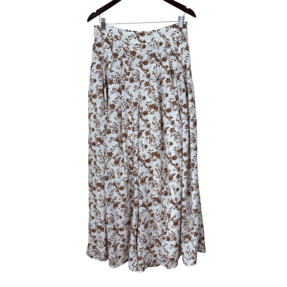 Women's Wide Leg Floral Print Pants - Cream with Brown Print